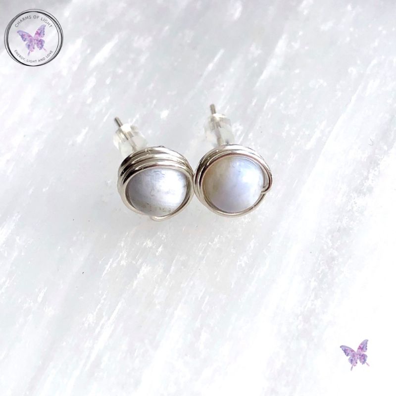 Blue Lace Agate Silver Wire Wrap Stud Earrings